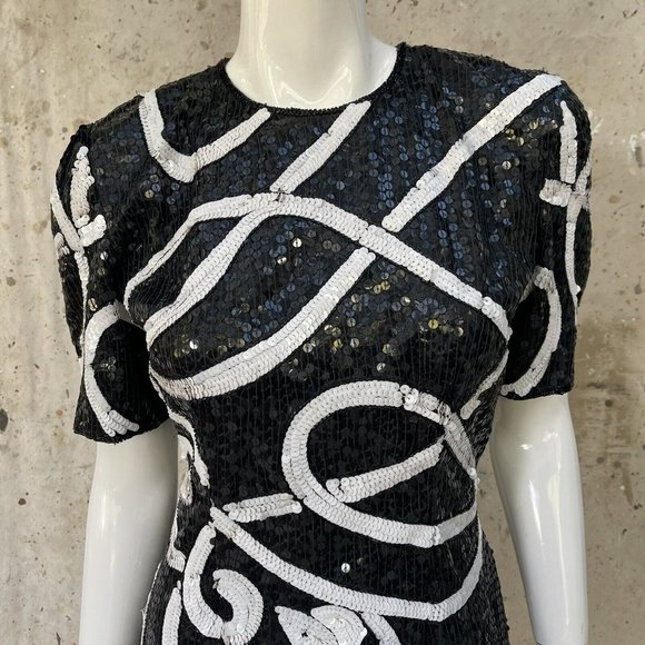 Vintage 80’s/90’s Sequined Dress by Lawrence Kazar, Black & White Swirls, M - Picture 5 of 5
